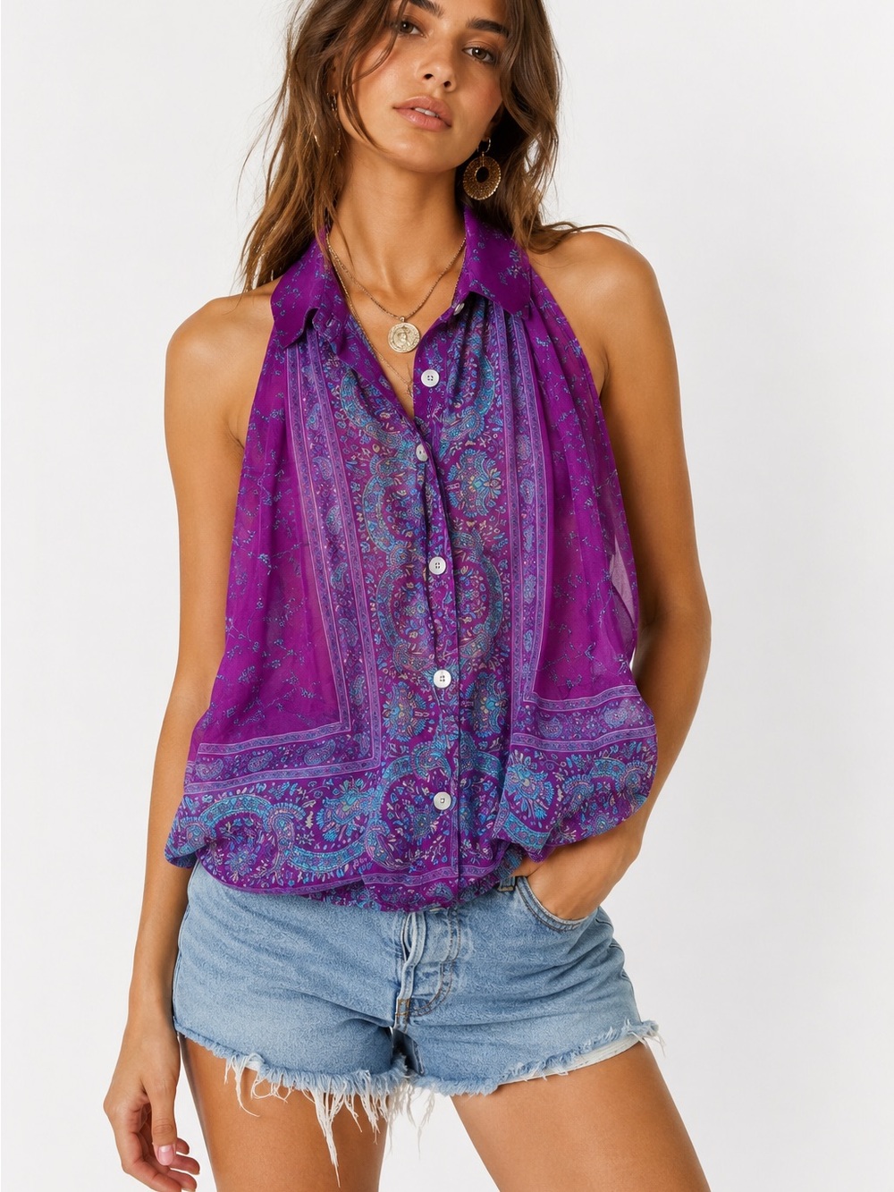 Vintage Purple Paisley Sheer Halter Blouse Boho Festival Top Medium